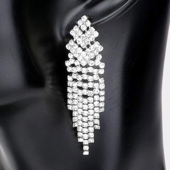 Fringe Silver Crystal Dangle Earrings 2.25" Tassel Formal Statement Accessory - Picture 2 of 2